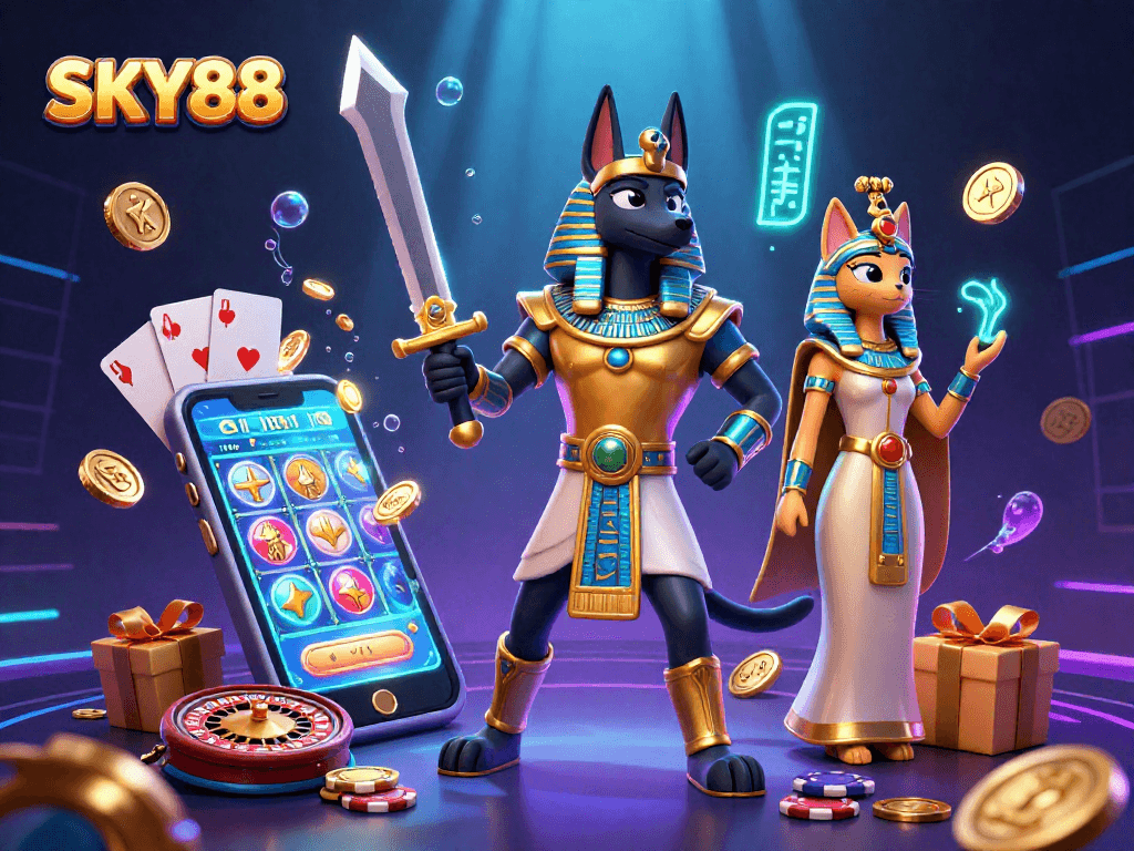 Experience the excitement of SKY88 with Anubis in a vibrant casino scene filled with slots and roulette.