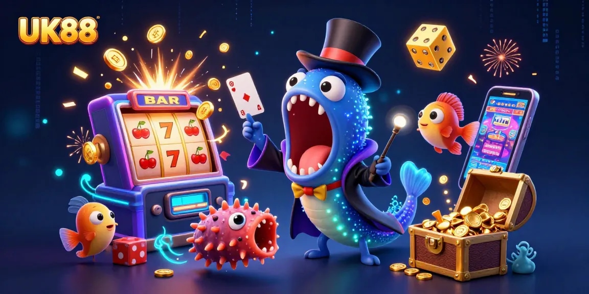 Experience UK88's thrilling jackpot moments with a deep-sea eel magician in a vibrant casino scene.