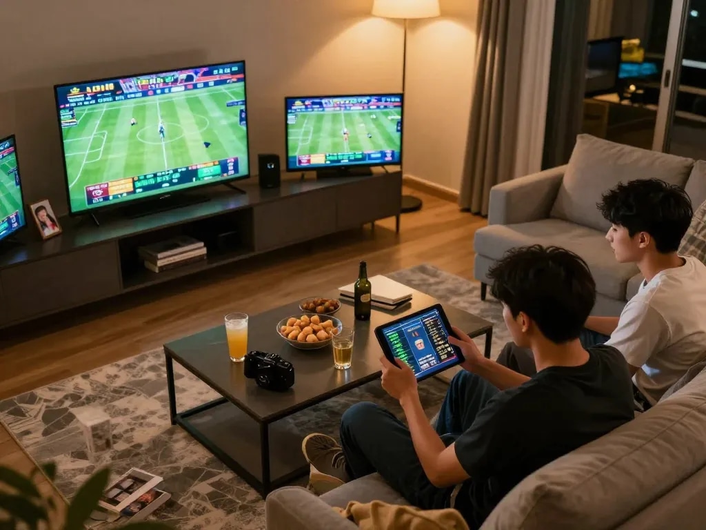 kuwin1 players intensely analyzing sports betting options during an exciting home session