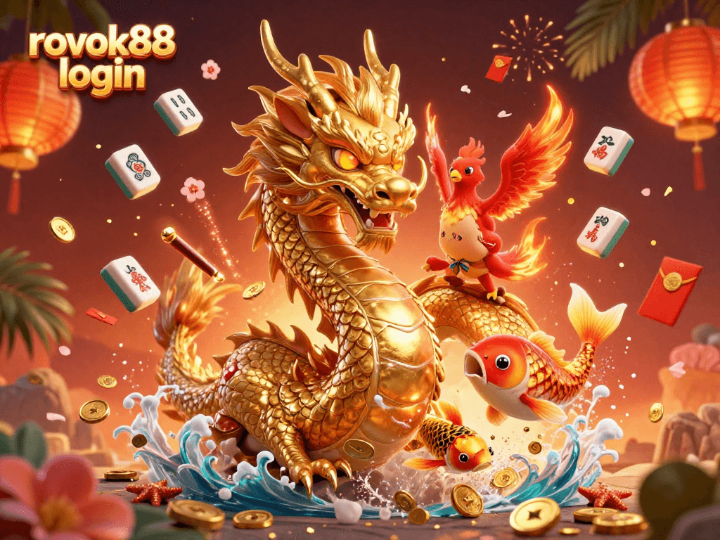 Engage with rokok88 login in a vibrant gambling scene featuring a dragon and phoenix.