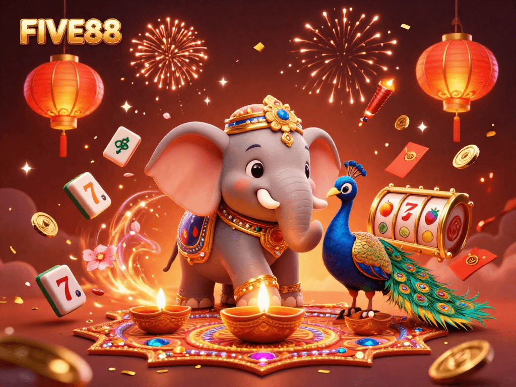 Experience the excitement of FIVE88 with the vibrant Diwali-themed casino celebration scene.