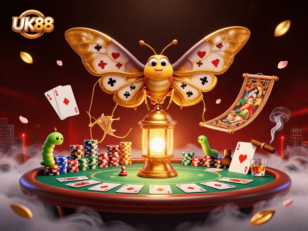 Engage in thrilling poker action with UK88 amid a vibrant 3D casino scene