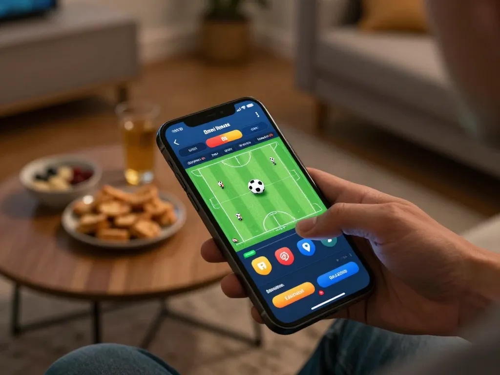 User engaging in keonhacai5 sports betting on smartphone in cozy living room