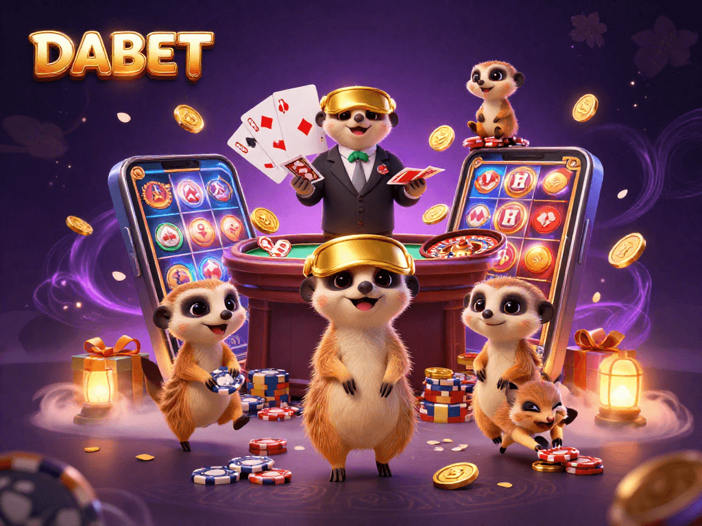 DABET meerkats operating a vibrant casino scene featuring card games and a colorful slot game.
