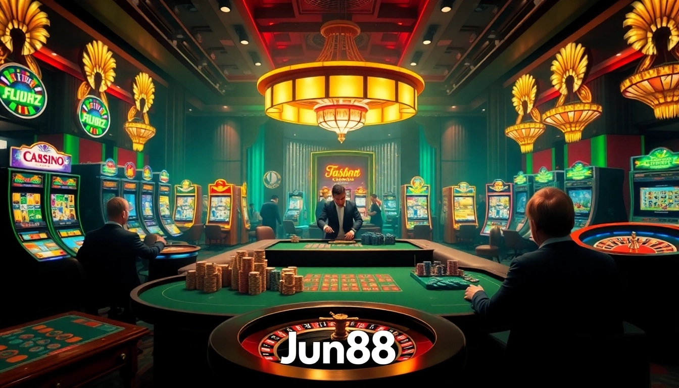 Engaging scene of Nhà cái Jun88 with players at a thrilling casino table and vibrant slot machines.