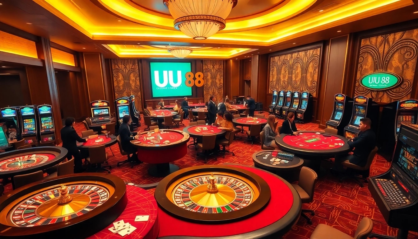 Excited players enjoying various games at UU 88 casino with luxurious tables and vibrant atmosphere.
