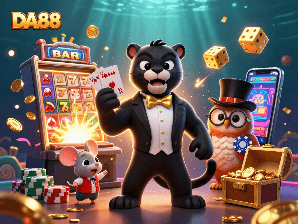 DA88 jackpots explode with a stylish panther, owl, and lucky mouse in vibrant casino scene
