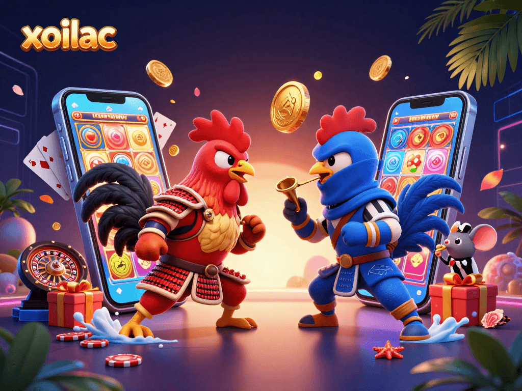 Bet on the dynamic clash of roosters in the vibrant xoilac gamified arena filled with casino elements.