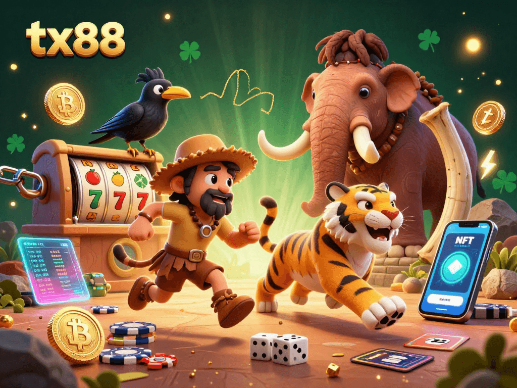 Experience tx88 with a thrilling 3D casino scene featuring prehistoric characters and dynamic slot elements.