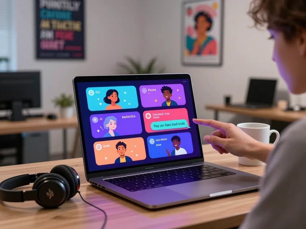Interactive session using spicy chat AI on a laptop in a vibrant tech workspace.