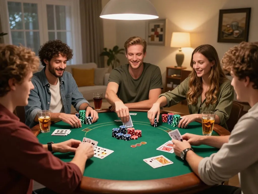 Tic88 poker night with friends, showcasing excitement and strategy in a cozy home setting.
