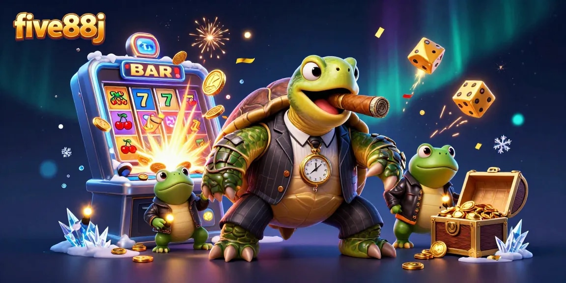 five88j showcases a dynamic casino scene with a mobster turtle, bullfrog enforcers, and colorful slot elements.