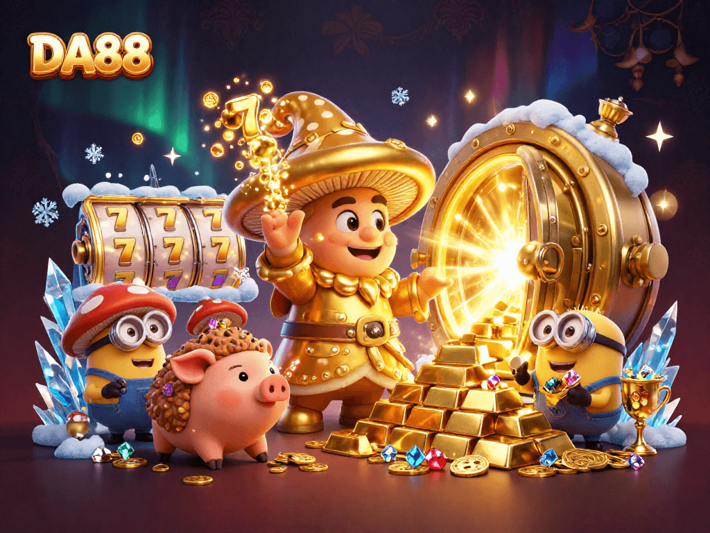 DA88 players win big with a golden wizard and treasure in a vivid 3D casino scene.
