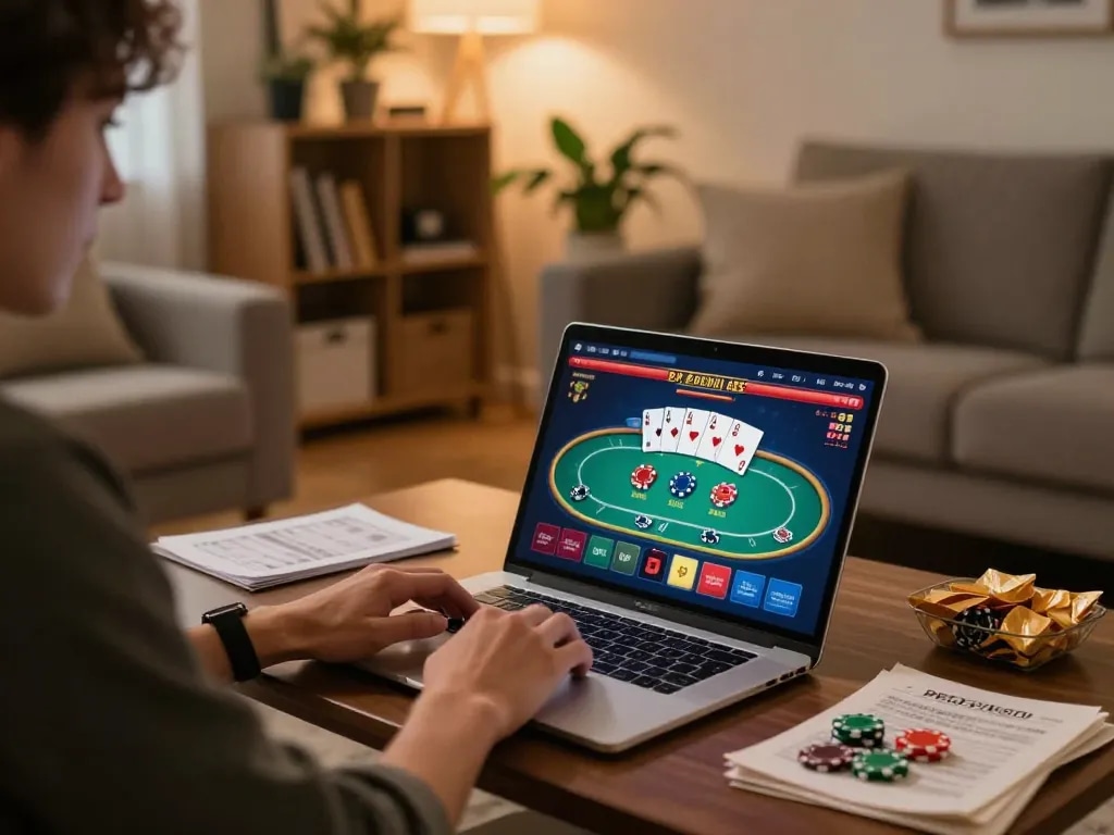 Player strategizing online poker on a laptop at home, featuring vibrant views of vuabet88i.