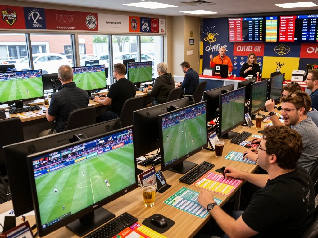 Patrons engaging in sports betting at a vibrant shop, showcasing keonhacai betting excitement.