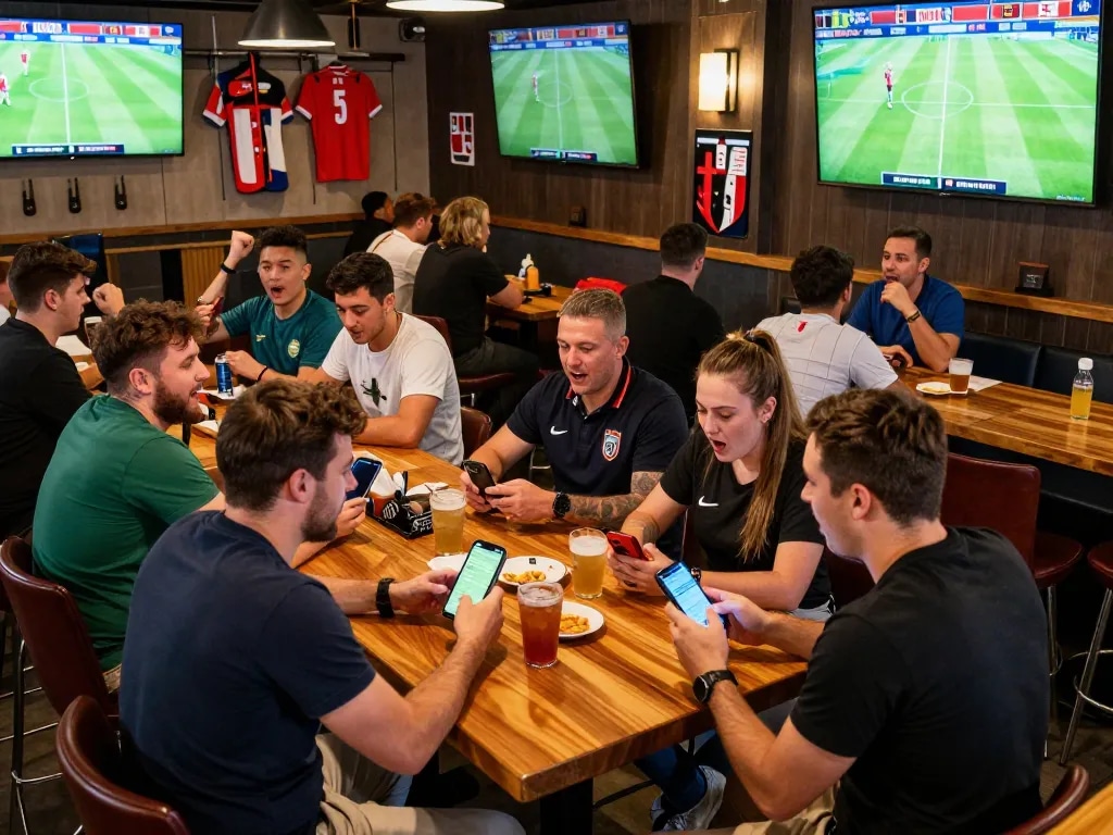 Fans celebrating as they check tỷ lệ kèo nhà cái 5 while enjoying a live football match at a sports bar