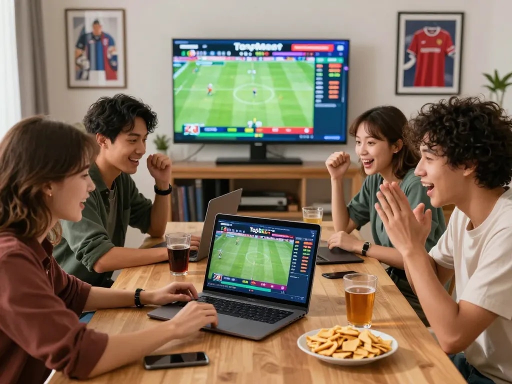 Group enjoying Topbet chính thức online betting experience with lively sports backdrop.