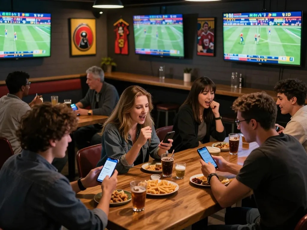KP88 betting enthusiasts celebrating wins with sports apps in a lively bar setting.