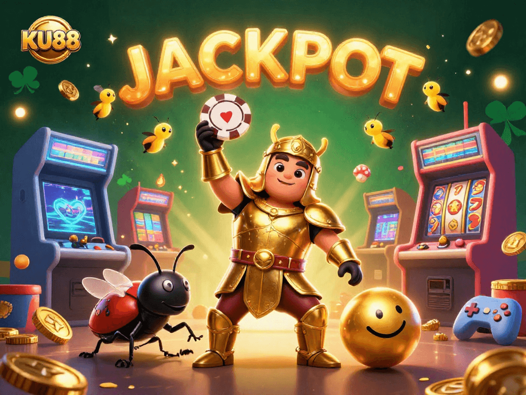 Play slots with KU88 in this vibrant 3D casino scene featuring bugs and bright gaming elements.