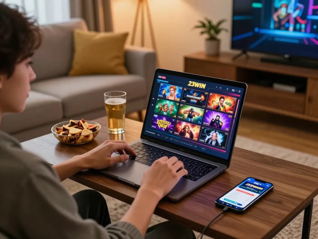 Engaging in live casino games on 23WIN with a laptop in a cozy home setting.