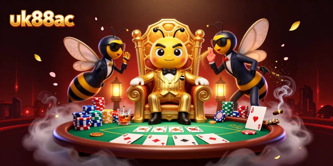 uk88ac poker scene with animated characters like a bumblebee mob boss in a colorful casino