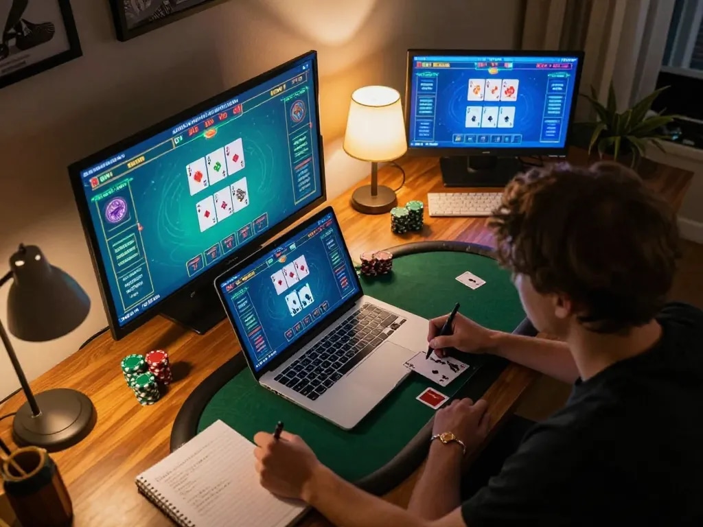 This scene captures a player engaged in an online poker game at home with 566 gaming interface visible.