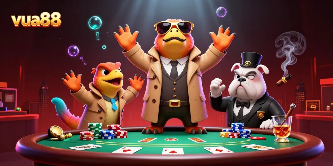 Experience the fun of vua88 with raptors in a trench coat sneaking into a VIP casino lounge.