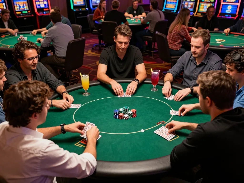 Hành động trò chơi poker LUCK8 tại một bàn casino sôi động với những người chơi tham gia.