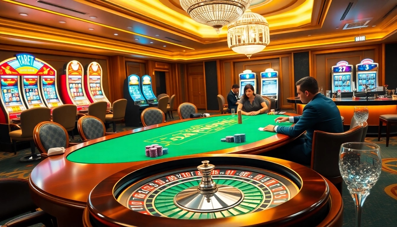 Experience the thrill of gaming at FABET with vibrant casino tables and exciting slot machines.