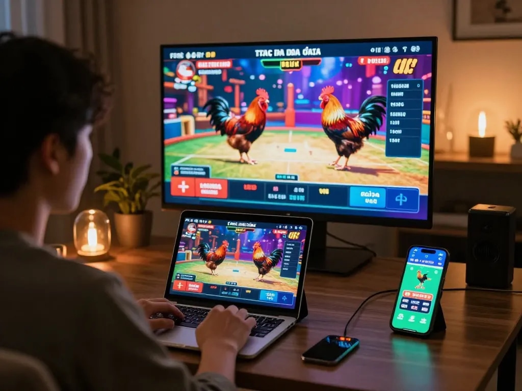 Engaging live đá gà experience viewed on screen, showcasing vibrant chicken fights and betting options.