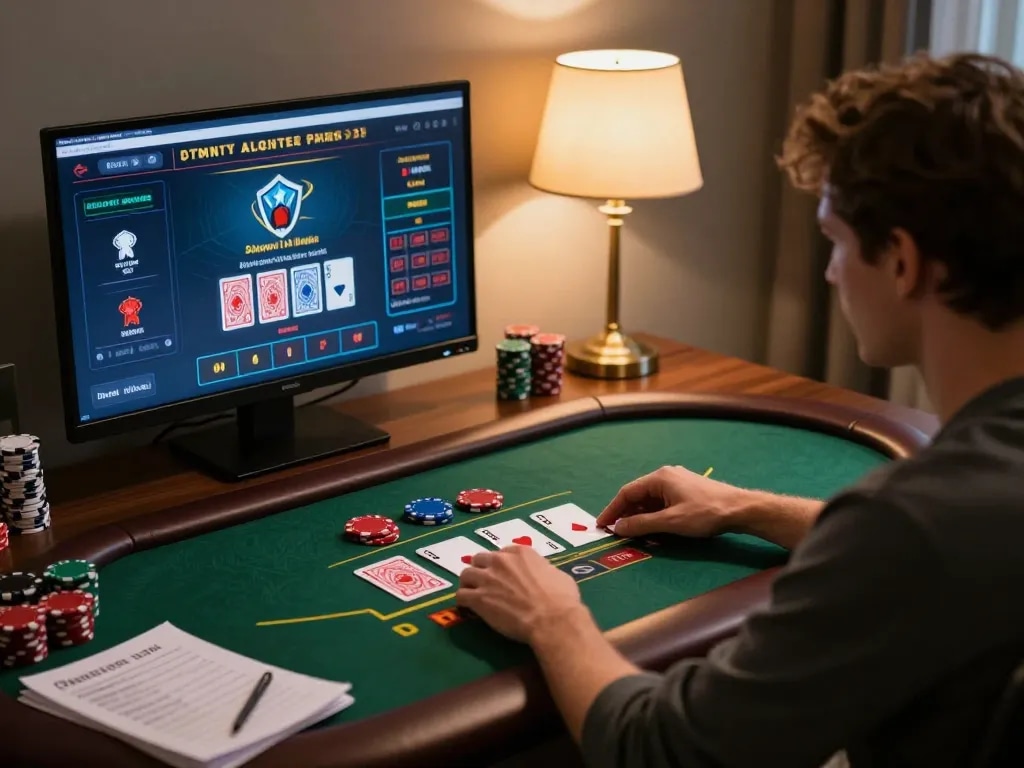 KJC user engaged in live blackjack online gaming, showcasing a modern gaming setup with dual screens
