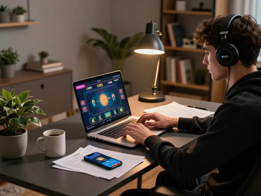 Engaging in online gambling at home with Bom88 uy tín showing on the laptop screen