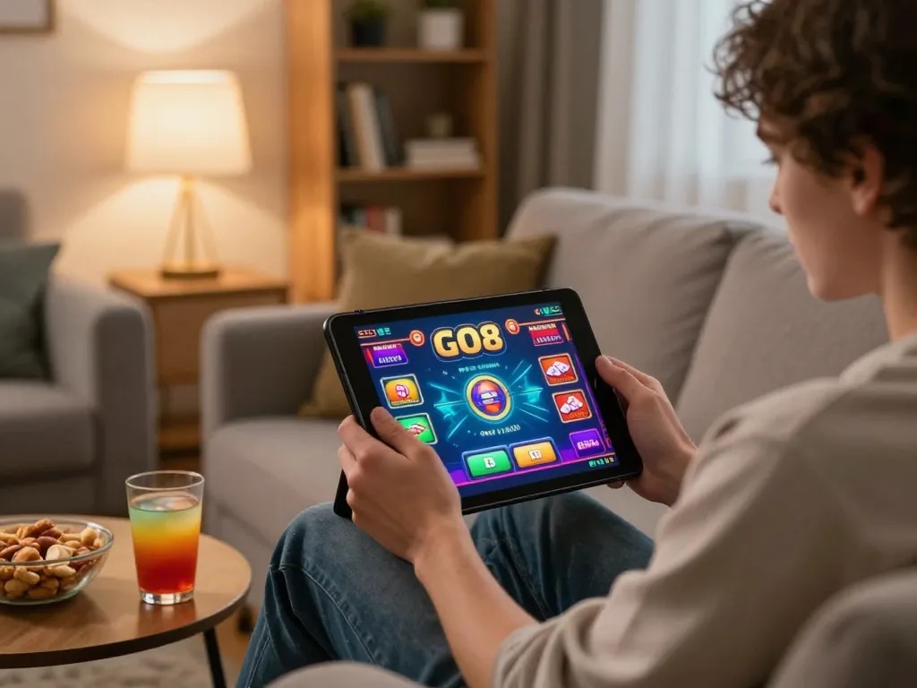 Player engaging with Go8 casino while enjoying a cozy home environment.