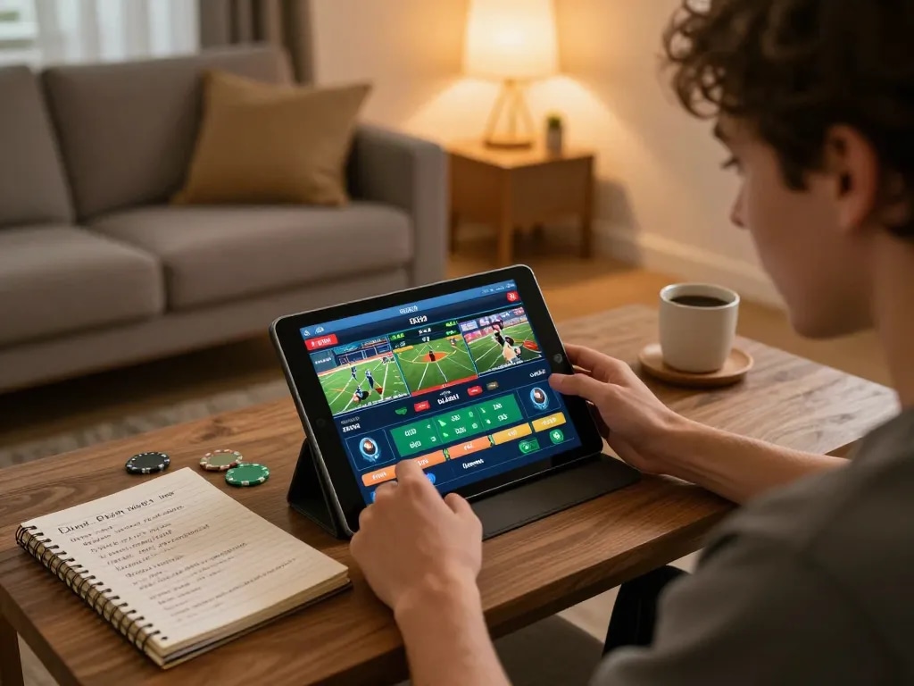 Person placing bets on 28BET app in a cozy living room setting, demonstrating online sports betting.