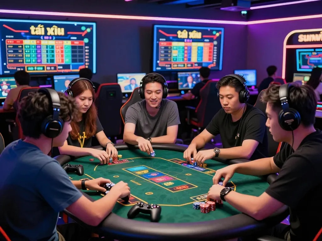 Players engaged in a thrilling game of tài xỉu sunwin with vibrant neon lights and gaming accessories in an online casino atmosphere.