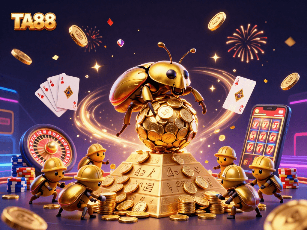 Engage in thrilling gameplay at TA88, featuring dynamic casino elements and a golden beetle rolling coins.