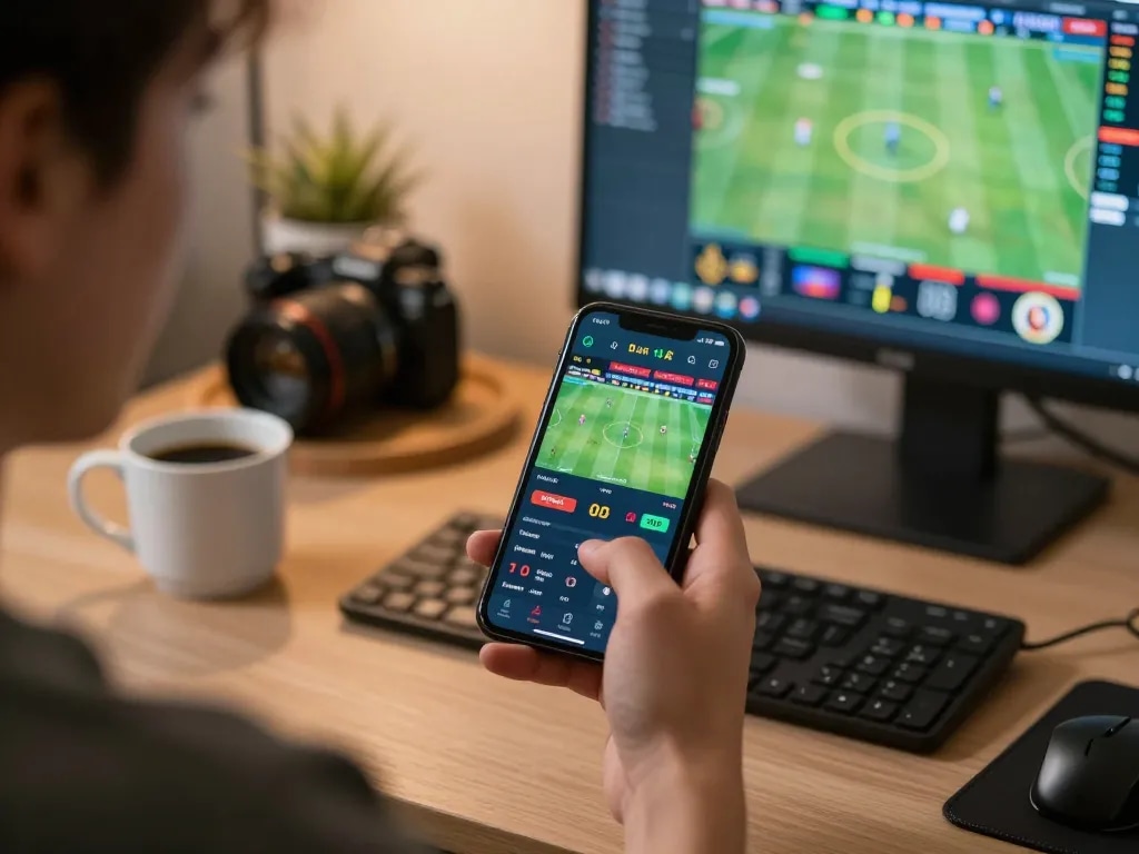 Engaging in live sports betting at https://Zbetat.com/ using a smartphone and analyzing odds.