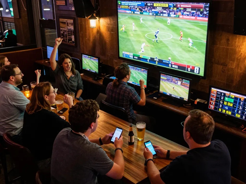 Soi kèo nhà cái during an energetic sports betting night with friends cheering and smartphone betting.