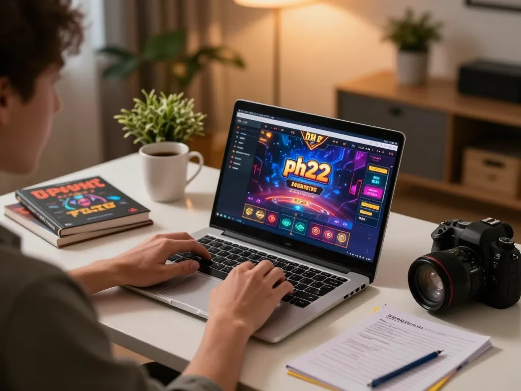 Player engaging with ph22 online casino interface at home, showcasing strategic gambling experience.