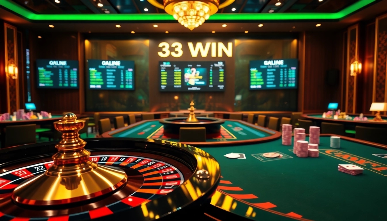 33WIN casino table featuring vibrant cards and polished chips in a luxurious setting.