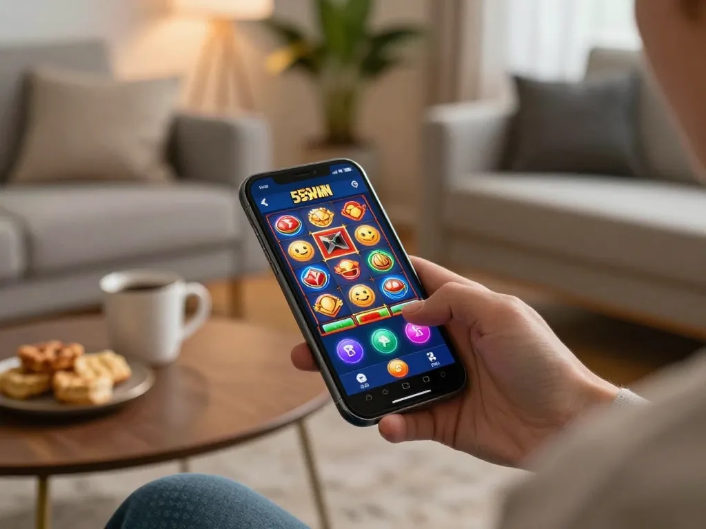 Engaging mobile gameplay on https://casino555win.com/ featuring vibrant slot graphics in a cozy setting.