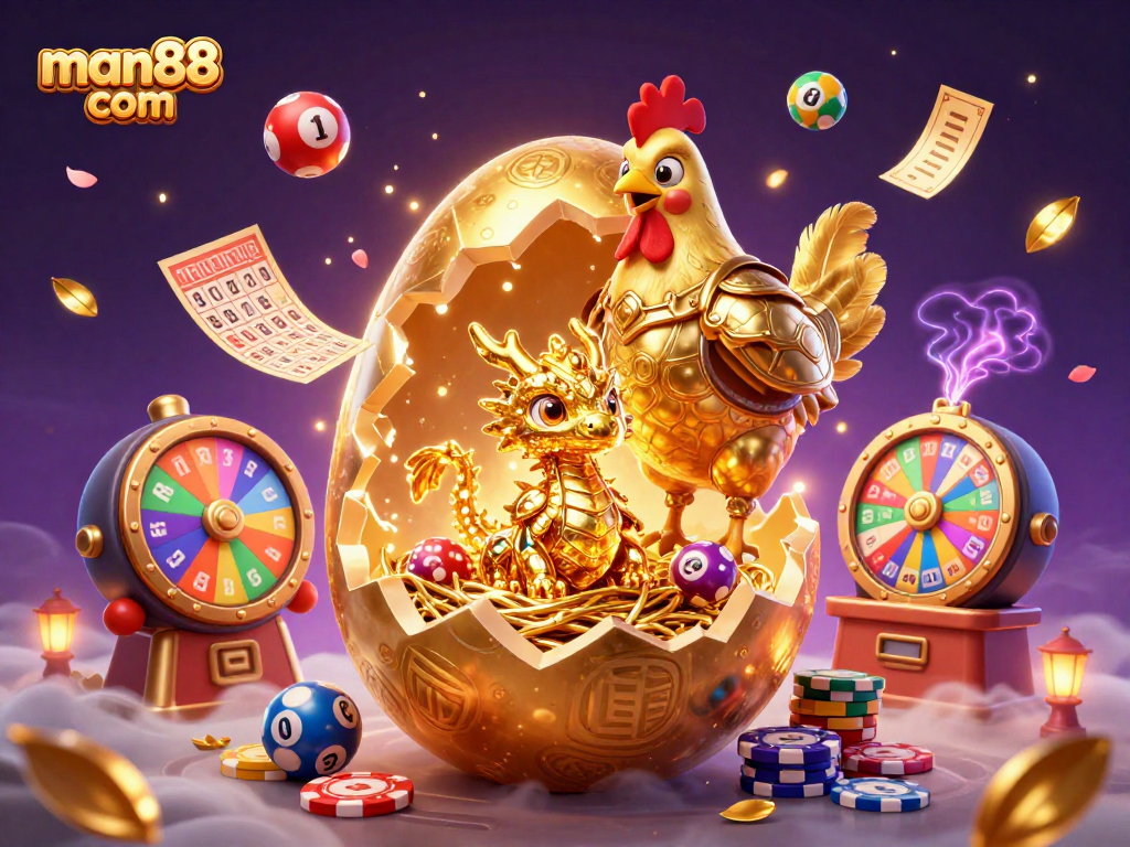 Experience thrilling wins at man88 com with golden treasures, lottery balls, and vibrant game elements.