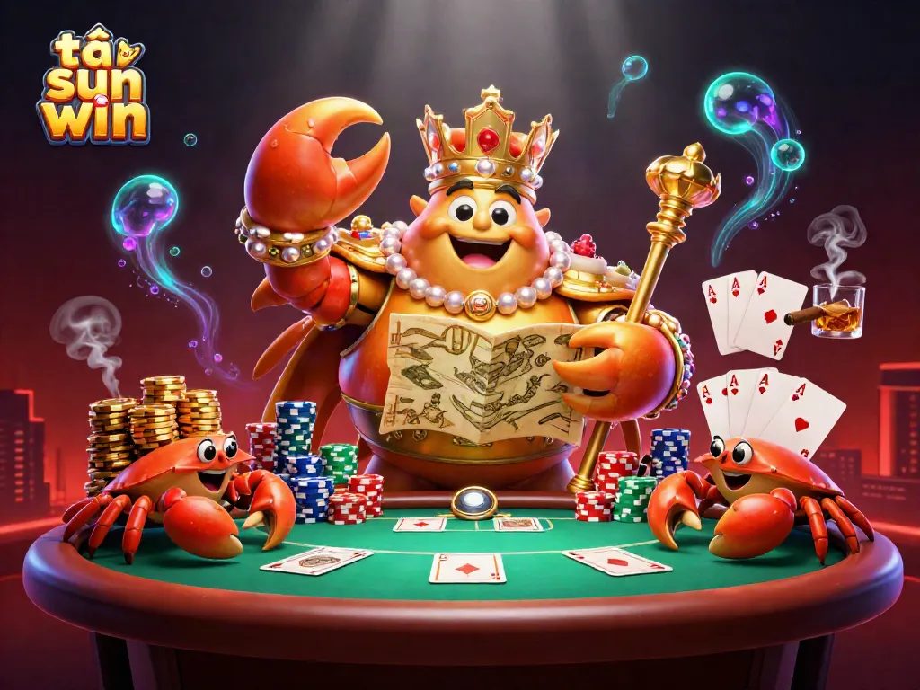 Play and win with tải sun win featuring a golden crab emperor in a vibrant casino scene.