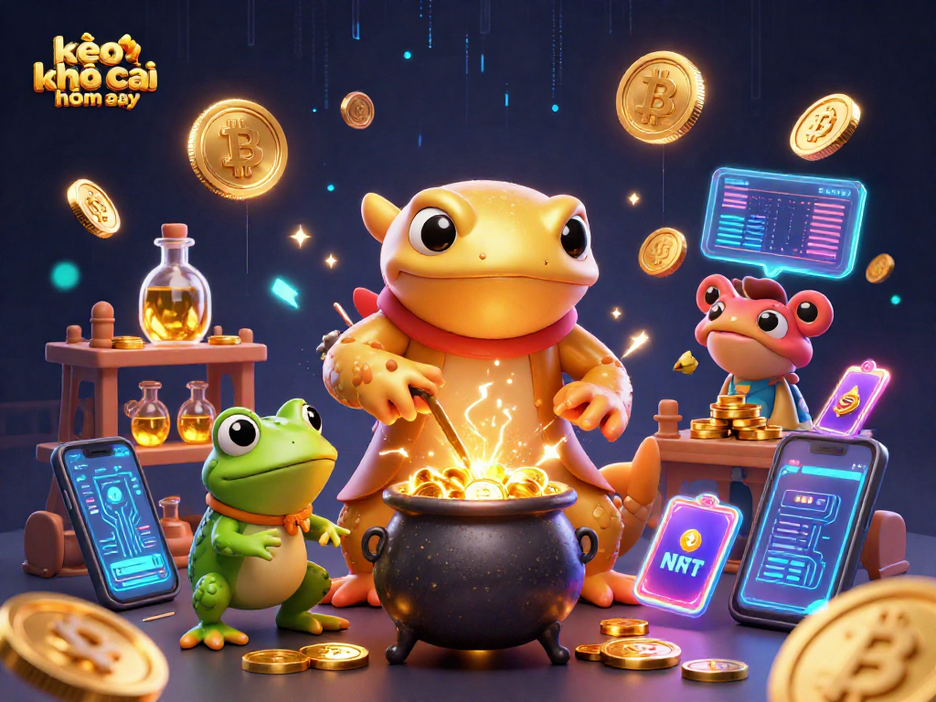 Engage with kèo nhà cái hôm nay strategies in a magical 3D alchemist lab filled with crypto elements.