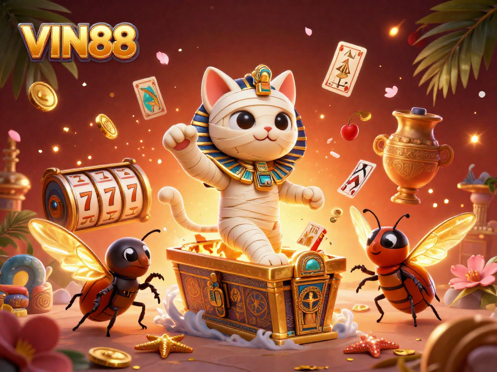 Experience VIN88's thrilling slot rolls with a cartoon mummy cat and golden scarab in a vibrant casino.