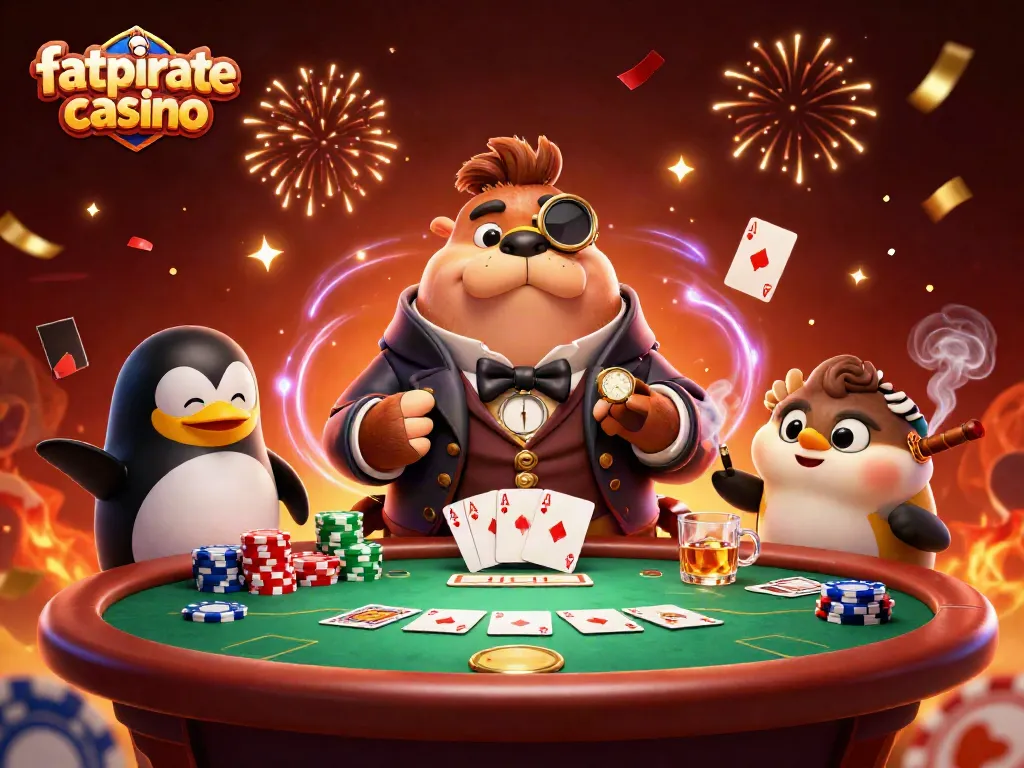 Experience the excitement at fatpirate casino with a 3D poker showdown featuring a walrus, penguin dealer, and pufferfish player.