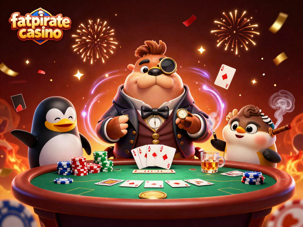 Experience the excitement at fatpirate casino with a 3D poker showdown featuring a walrus, penguin dealer, and pufferfish player.