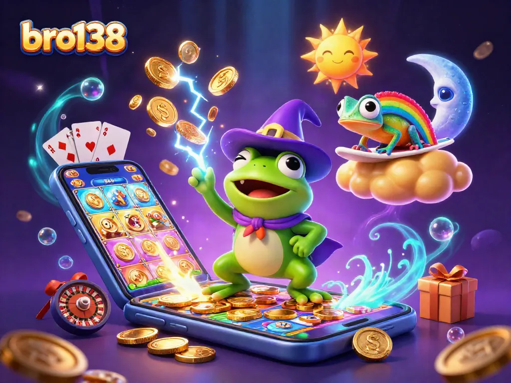 Experience the excitement of bro138 with a vibrant scene featuring a wizard frog and a chameleon immersed in golden coin chaos.