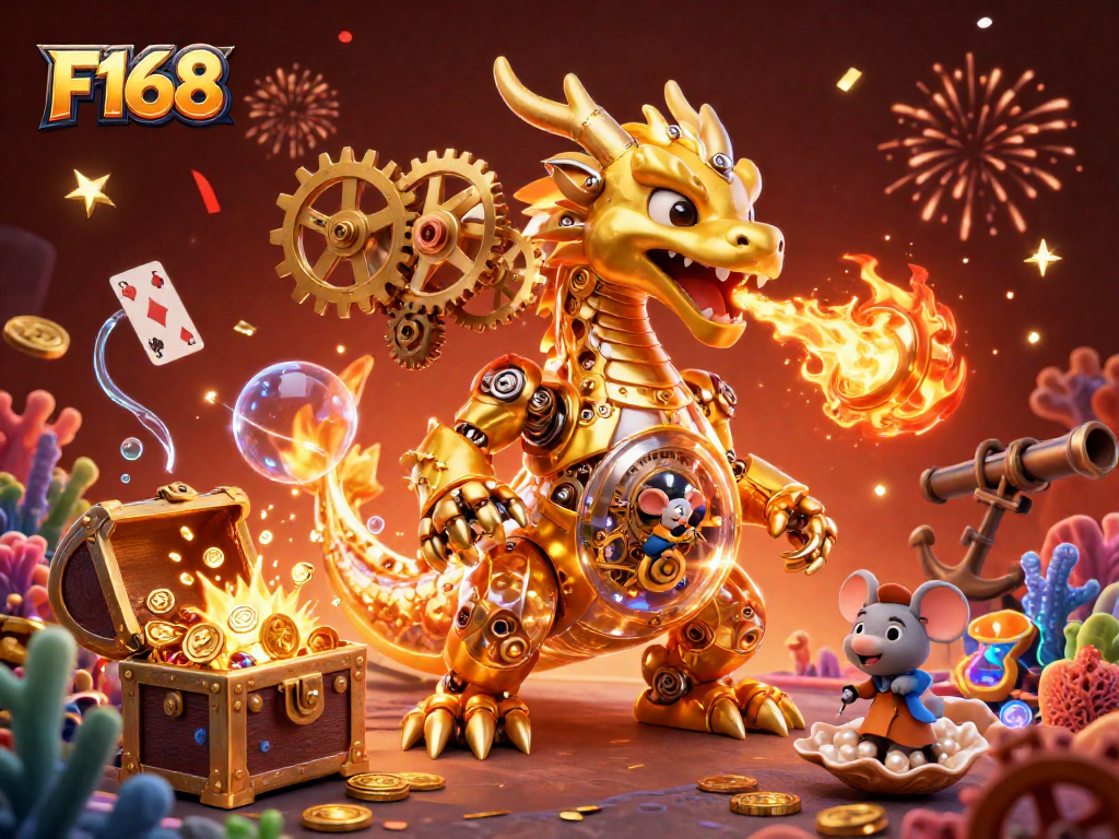 Experience F168's thrilling gaming world with vibrant 3D characters and dynamic casino elements.