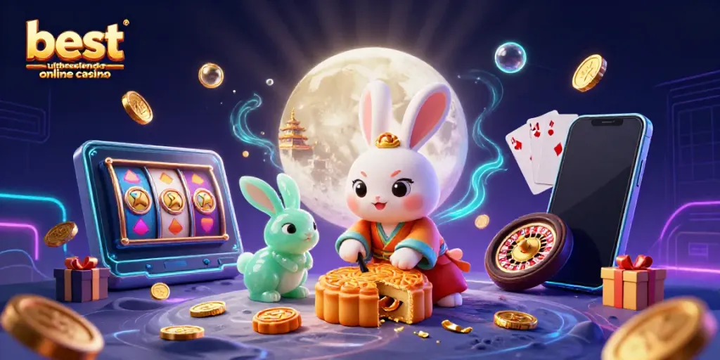 Experience the magic of the best uitbetalende online casino with a dazzling 3D moon rabbit scene and casino elements.